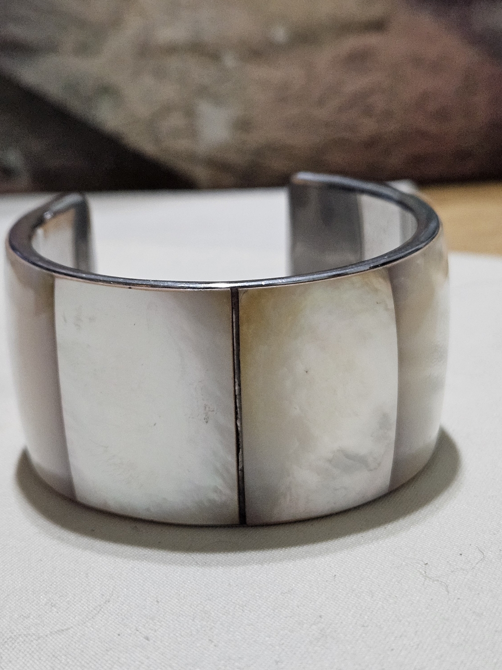 Vintage Mother Of Pearl Inlaid Wide Bangle Bracelet